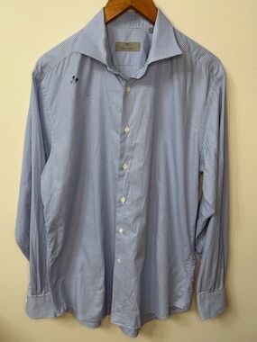 Canali Blue Check Dress Shirt 42 16.5 Italian Cotton Button Front